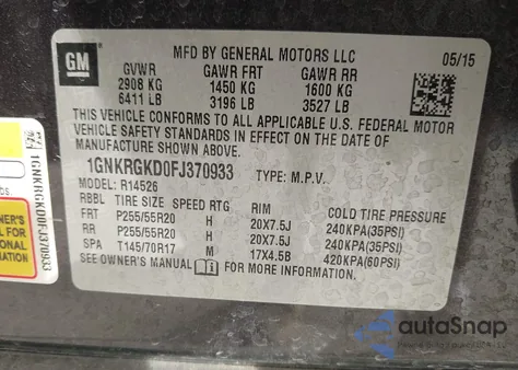 2015 Chevrolet Traverse 1Lt z USA, uszkodzony, nr VIN 1GNKRGKD0FJ370933